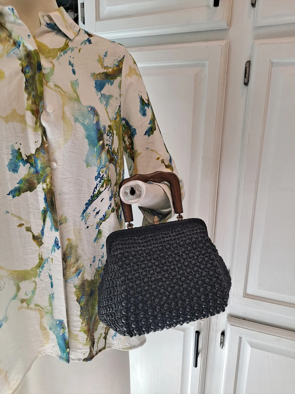 Bags By Dominic Italian Rare 50s Vintage Black Woven Beaded Wood Top-Handle